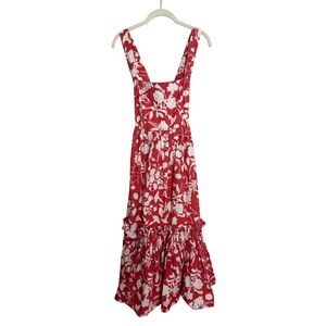 Cara Cara Red White Floral Cotton Tiered Midi Dress Square Neck Womens